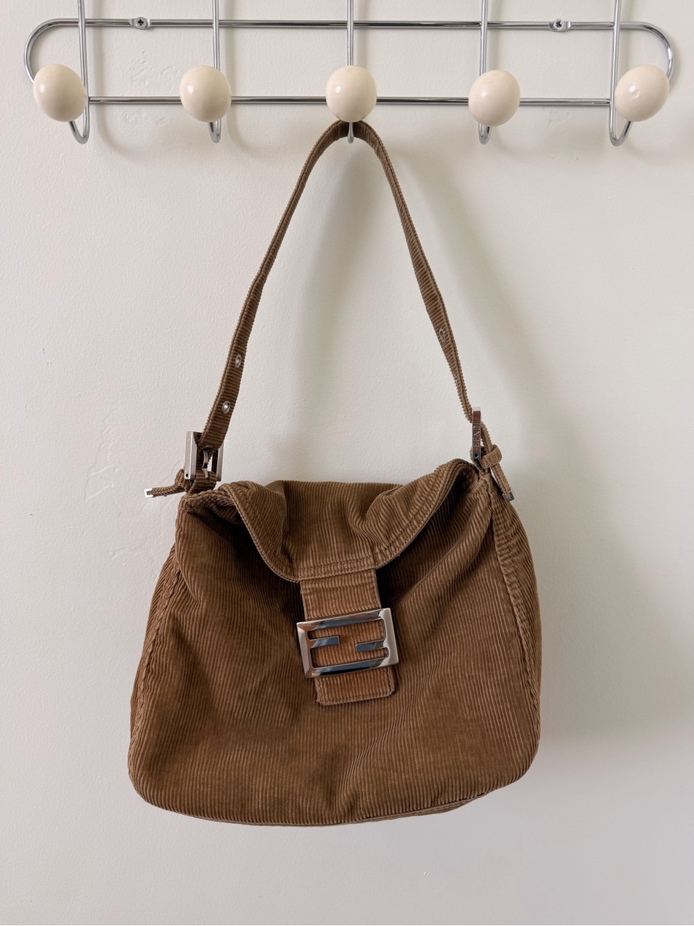 Fendi Brown Corduroy Shoulder Bag with Silver Buckle